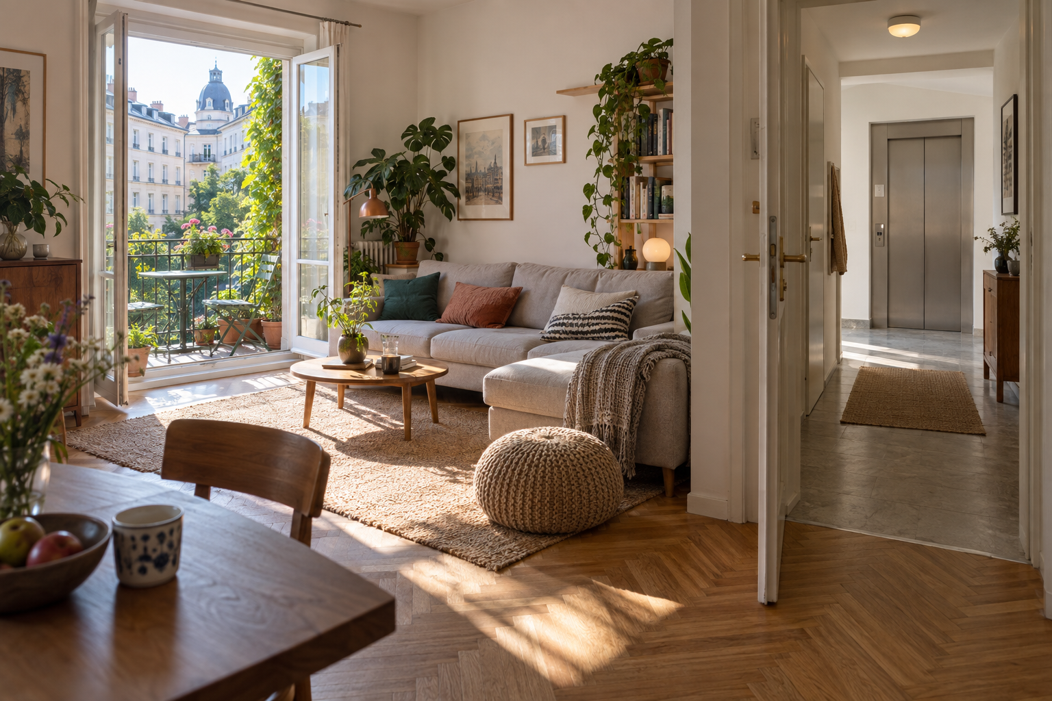 Helle Wiener Wohnung mit Liftzugang und Blick auf ein begrüntes Grätzl
